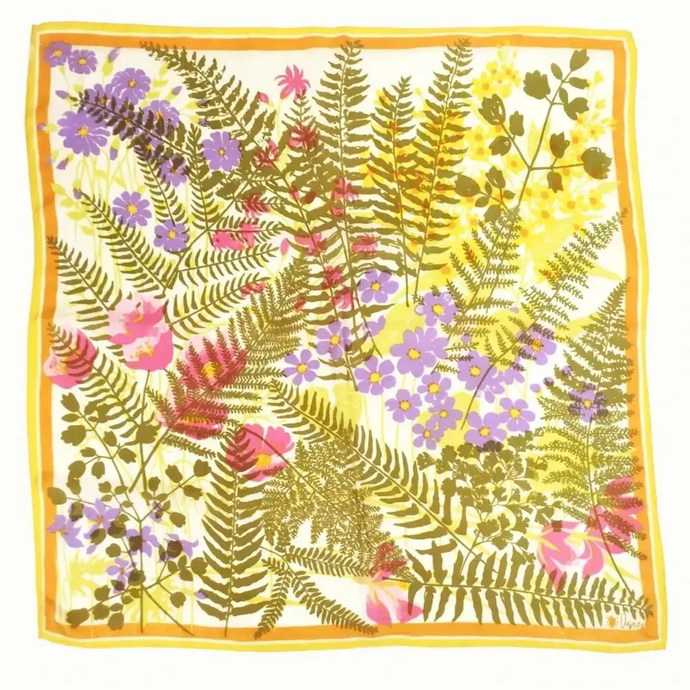 Vintage 60s 70s Vera Square Scarf Ladybug Floral Yellow Colorful Ferns